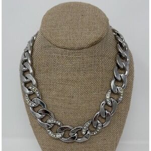 Chunky Silver‎ Tone Curb Chain Necklace 18" Pave Rhinestone Links Statement